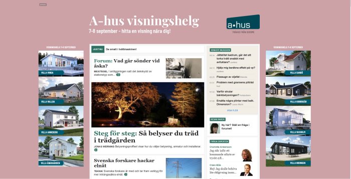 Skärmdump av webbsida med A-hus reklam i rosa bakgrund och flera småbilder av husmodeller omkring textinnehåll.