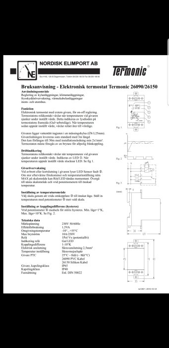 Användarhandbok och schematiska illustrationer för elektronisk termostat inkluderar funktion, installation och tekniska data.