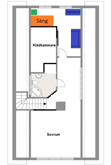 Skiss av ett möblerat plan med beteckningar för säng, skrivbord och klädkammare i ett framtida barnrum.