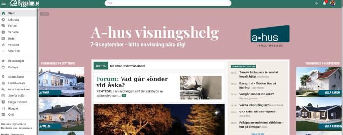 Skärmdump av diskussionsforumet ByggaHus.se med öppen tråd och annonser för visningshelg.