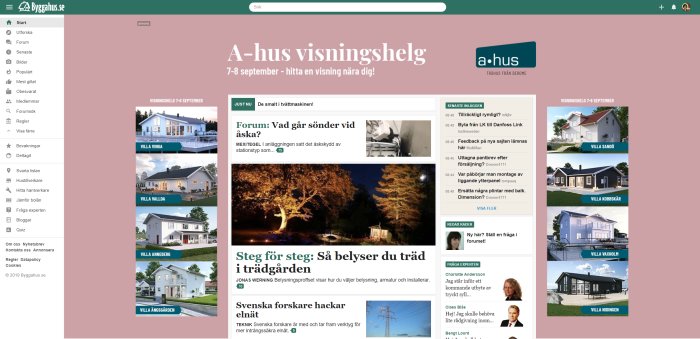 Skärmdump av forumet Byggahus.se med olika trådar och annonser för husvisningar.