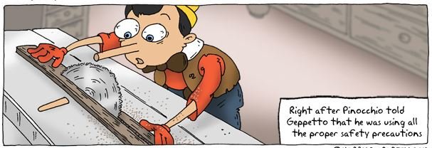 Animerad figur liknande Pinocchio som använder en bordsåg utan skyddsglasögon, text om säkerhetsåtgärder.