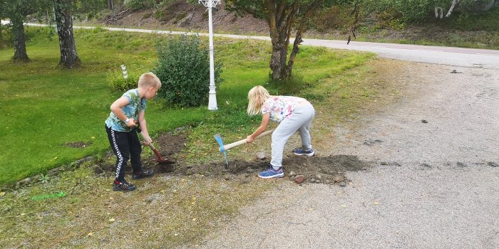 Två barn gräver i jorden med spadar vid kanten av en grusväg.