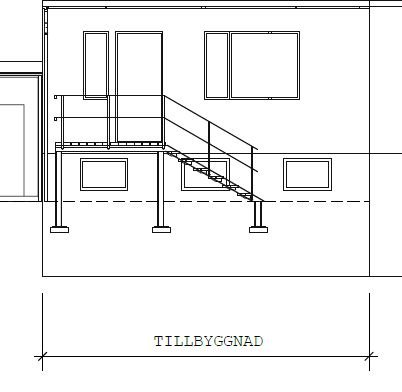 Arkitektritning av en tillbyggnad med en enkel trätrapp till dörren.