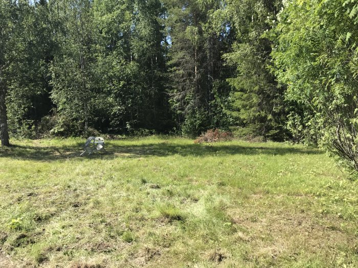 Röjd öppen yta med gräs framför skogsparti, och en omkullvält stol i förgrunden.