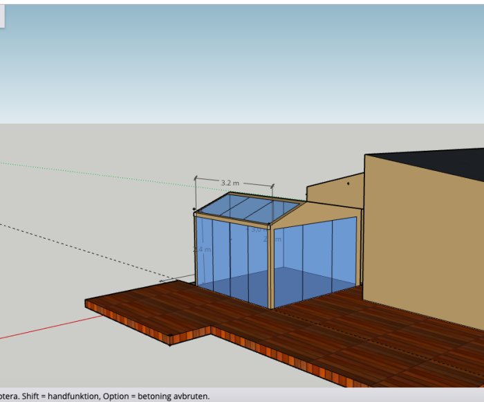 3D-modell av en tillbyggnad med glastak och skjutpartier på en trallbeklädd plintgrund.