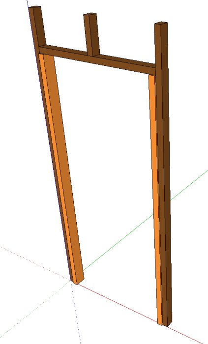 3D-modell av träreglar runt en dörrkarm som visar 95-regel och stödbitar för väggkonstruktion.