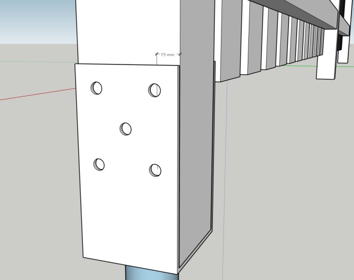 3D-illustration av en 70x70 staketstolpe monterad i en markskruv, med infästning 15 mm från kanten.