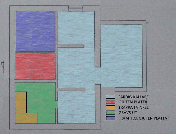 Ritning av källarplan med olika färger som markerar befintlig och planerad struktur, inklusive utgrävning och trappa.