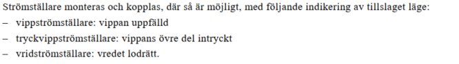 Text som beskriver indikeringar för olika typer av strömbrytare i uppfällt, tryckt och lodrätt läge.