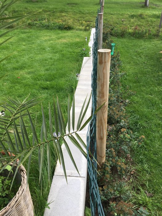 En betongstödmur mellan två tomter med en trästolpe bredvid och ett stängsel längs med murens ena sida.