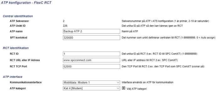 Skärmdump av konfigurationsinställningar för ATP i FlexC-systemet, med fält för identifikation och kommunikationsinterface.