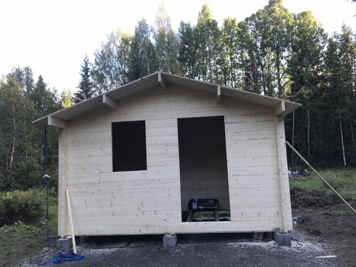 Ofärdig byggnad med träpanel och outskurna öppningar för dörr och fönster mot en skogsbakgrund.