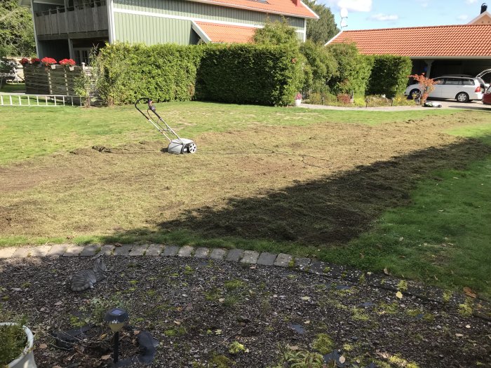 Trädgård med nyskuren gräsmatta och en vertikalskärare efter användning, med gräsavklipp i högar.