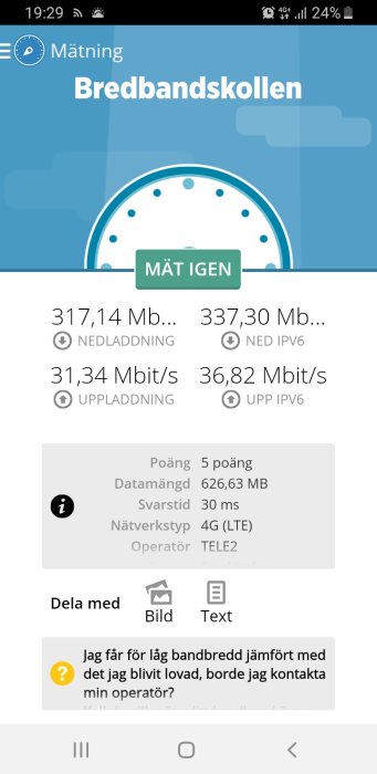 Skärmavbild av bredbandsprestanda med hastighetsmätning på 317,14 Mbit/s nedladdning och 31,34 Mbit/s uppladdning.