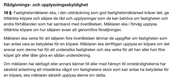 Skärmbild av § 16 från fastighetsmäklarlagen om rådgivnings- och upplysningsskyldighet.
