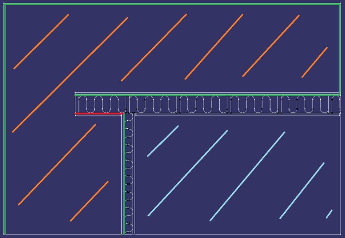 Schematisk tvärsnittsskiss av ett garage med uppvärmt loft i orange, kallgarage i blått och inplastning indikerad med grön linje.