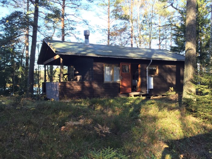 En enkel brun trästuga med svart tak omgiven av skog, belägen i ett naturreservat nära en sjö.