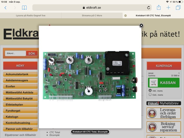 Elektroniskt kretskort märkt "ELTEX of Sweden" för CTC energisystem från 1982.