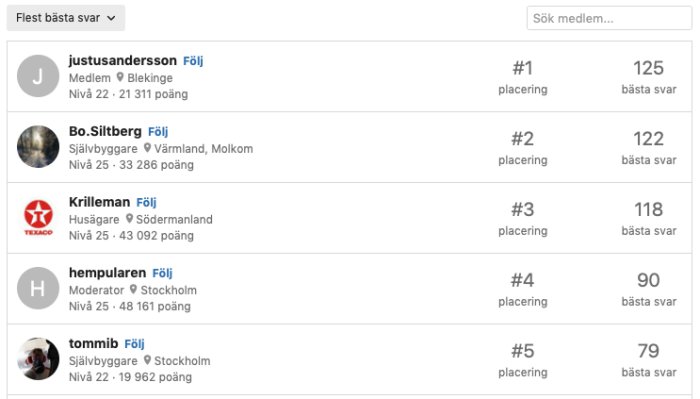 Skärmdump av diskussionsforum, visar medlemsnamn, ranking, och poäng för bästa svaren.