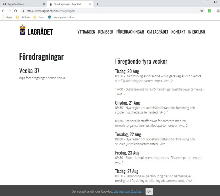 Skärmbild av Lagrådets webbplats med schema för föredragningar och notering om ett ärende den 23 augusti.