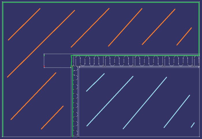 Schematisk illustration av en byggkonstruktion med isolering, där plast dragits raka vägen runt ett hörn av en vägg.