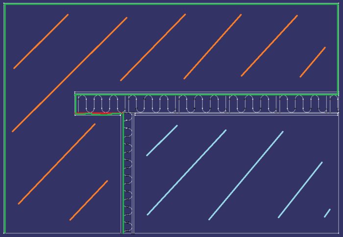 Schematisk illustration av hur man isolerar en vägg med plast som sträcker sig runt ett hörn.