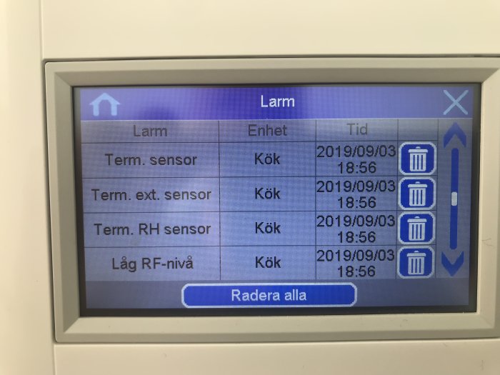 Manöverpanel för golvvärmesystem som visar en lista med olika larm och felkoder för termiska sensorer.
