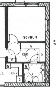 Planritning av ett sovrum med angränsande hall och badrum markerade med "KLK" och "G" för garderober.