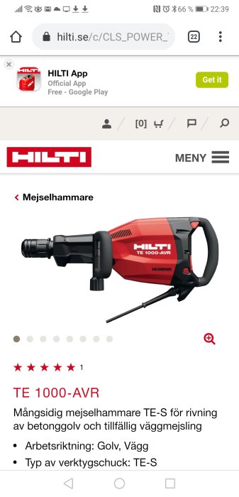 Röd Hilti TE 1000-AVR mejshammare för rivning av betonggolv och väggmejsling visas på en online shop-sida.