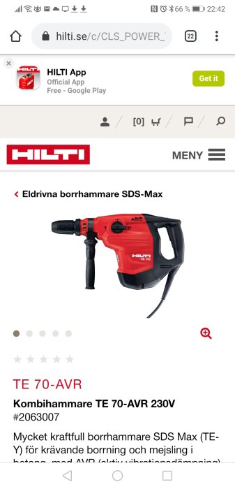 Röd och svart eldriven borrhammare TE 70-AVR från Hilti visad på en produktsida med beskrivande text och stjärnbetyg.