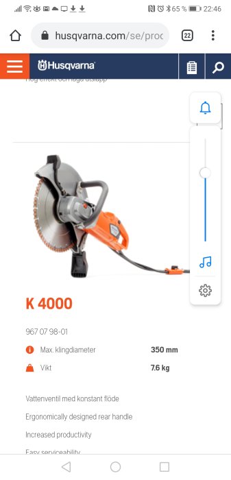 Elverktyg Husqvarna K 4000 kapmaskin med specifikationer och företagslogga.