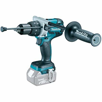 Makita DHP481 sladdlös slagborrmaskin med batteri och sidohandtag.