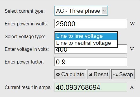 Skärmbild av en strömberäkningskalkylator med inställningar för trefas AC, 25kW, 400V, och en effektfaktor på 0,9.