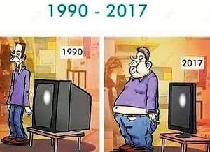 Illustration som jämför teknologins och människans förändring från 1990 till 2017 med gamla och moderna TV-apparater.