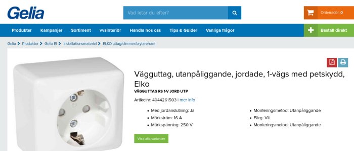 ELKO vägguttag, utanpåliggande och jordad med petskydd på en produktinformationssida.