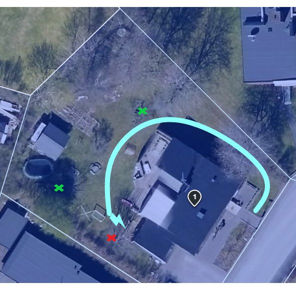 Luftfoto av en tomt med markupplanering för guidekabel till robotgräsklippare, markerad trång passage och tänkt laddstation.