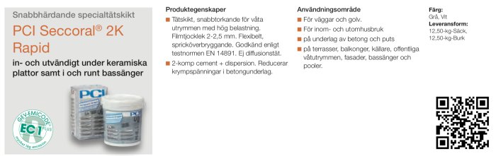 Bild på förpackningar av PCI Secocoral 2K Rapid tillsammans med produktinformation och QR-kod.