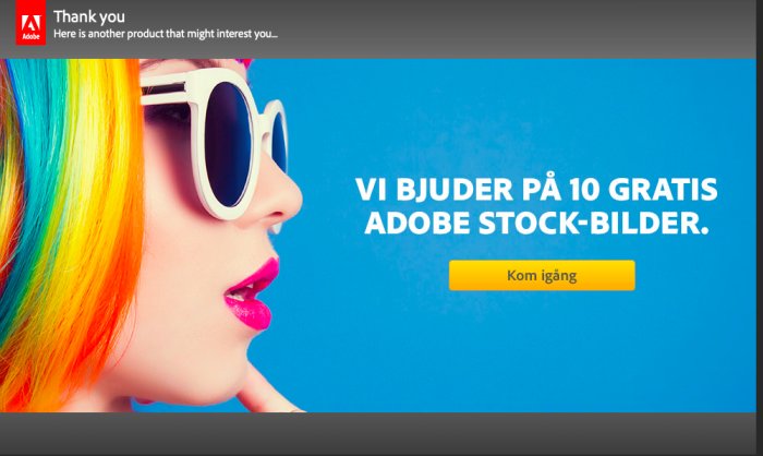 Reklambild som erbjuder 10 gratis Adobe Stock-bilder med en kvinnas profil, färgglatt hår och solglasögon.