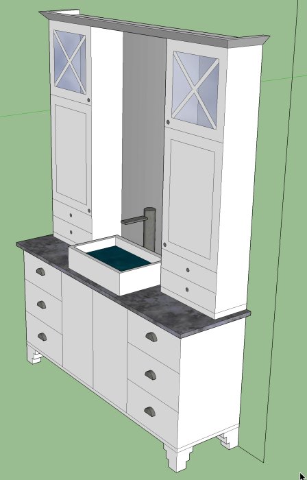 3D-modell av en ritad kommod med diskho för badrum, designad för att anpassa IKEA-stommar.