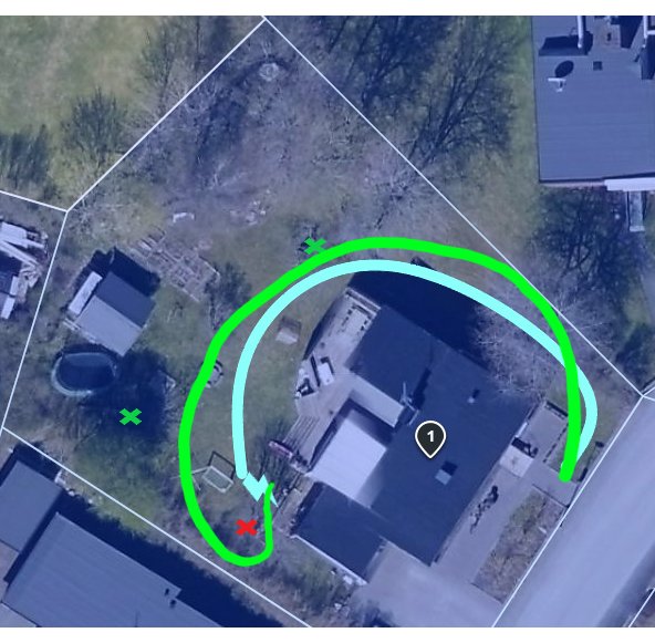 Drönarbild av ett fastighetsområde med markerad rutt för kabeldragning mellan två punkter.