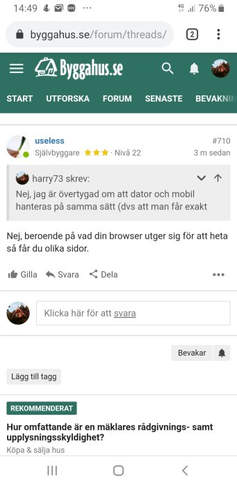 Skärmdump från en diskussionstråd på Byggahus.se forum med användarkommentarer.