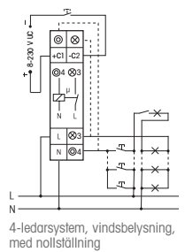 Elektriskt kopplingsschema för ett 4-ledarsystem för vindbelysning med nollställning.