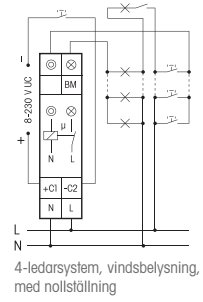 Elektriskt schema för ett 4-ledarsystem med vindbelysning, inklusive nollställning.