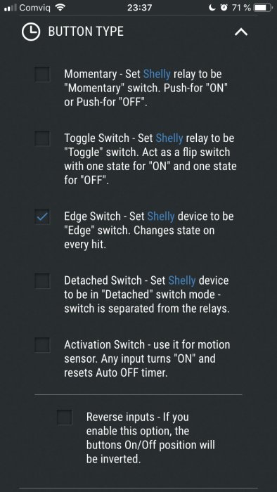 Skärmbild av inställningsmenyn för knapptyp med en markerad 'Edge Switch' för Shelly-enhet.