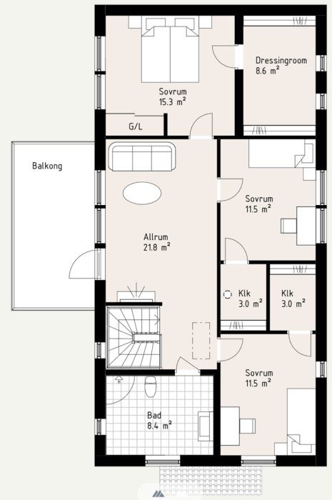 Planlösning för tvåvåningshus med märkta sovrum, allrum, badrum, klädkammare och balkong, ifrågasatt för tillgänglighetsstandarder.