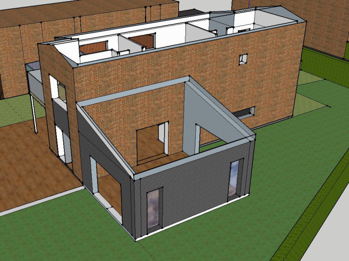 3D-modell av tegelhus med tillbyggnad som visar anslutningen och möjlig köldbrygga.