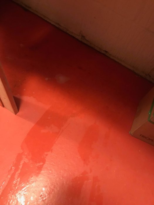 Vattenpölar på ett rött golv med en vit vägg och en kartong i hörnet.