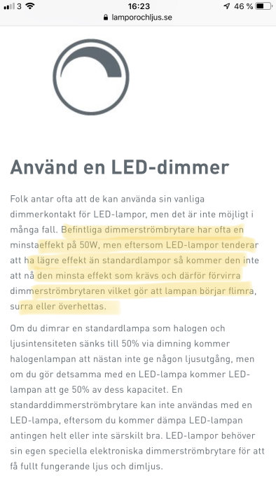 Skärmklipp av artikel om LED-dimmers med rubriken "Använd en LED-dimmer" och instruktiv text.