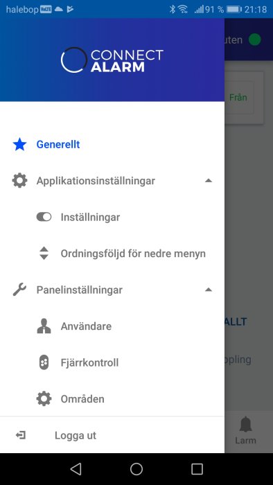 Skärmdump av en säkerhetsappsmeny med alternativ som 'Generellt', 'Användare', 'Fjärrkontroll'.